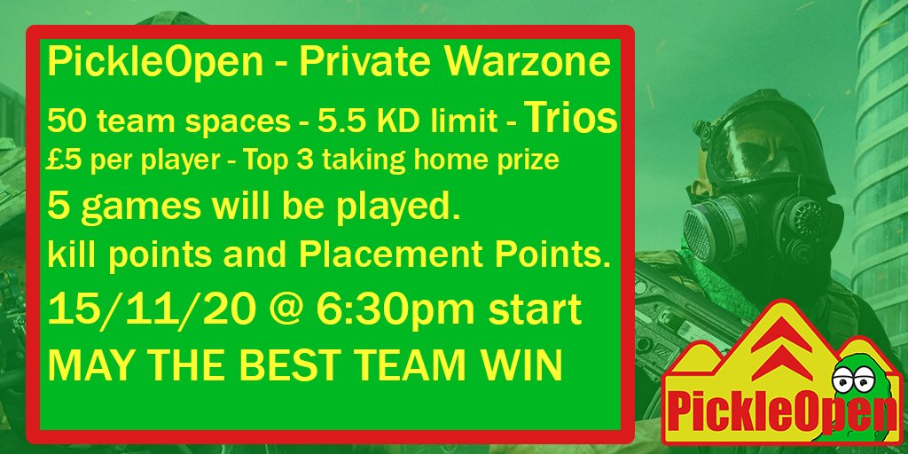 BranPickle's tweet photo. calling all #Warzone players! we have another #PickleOpen using the private match beta! we seen tonight some teams really pull together and wipe the competition. this isn't going to be one you want to miss.
#CallOfDuty #Moderwarfare #Twitch #ColdWar #CoD https://t.co/8e2L1NRRTP