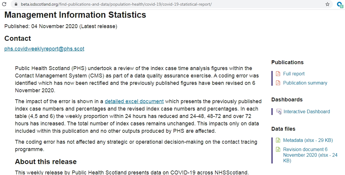 The significant corrections to Test & Protect data were inserted at weekend, between the Nov 4 weekly publication and tomorrow's. Oddly, Public Health Scotland changed the red font (used to alert people to revisions) to black today, when I started making inquiries