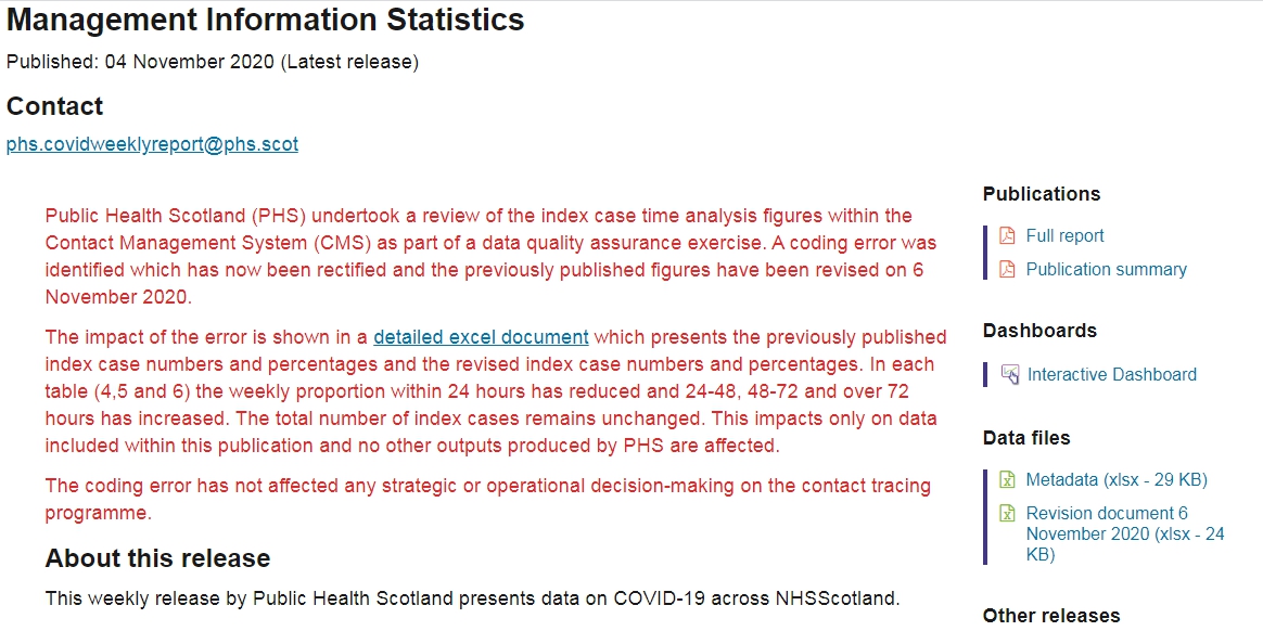 The significant corrections to Test & Protect data were inserted at weekend, between the Nov 4 weekly publication and tomorrow's. Oddly, Public Health Scotland changed the red font (used to alert people to revisions) to black today, when I started making inquiries