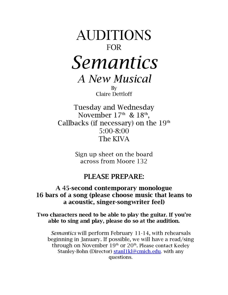 CMUTheatre's tweet photo. AUDITION ANNOUNCEMENTS!
Next week we'll audition for our two mainstage spring productions, SEMANTICS by CMU TAD alum Claire Dettloff and AN EVENING OF SHAKESPEARE!  Tell your friends and start your preparations!  Auditions are open to ALL CMU students.
https://t.co/lQfdWuOVDY https://t.co/nLNqFJJRa6