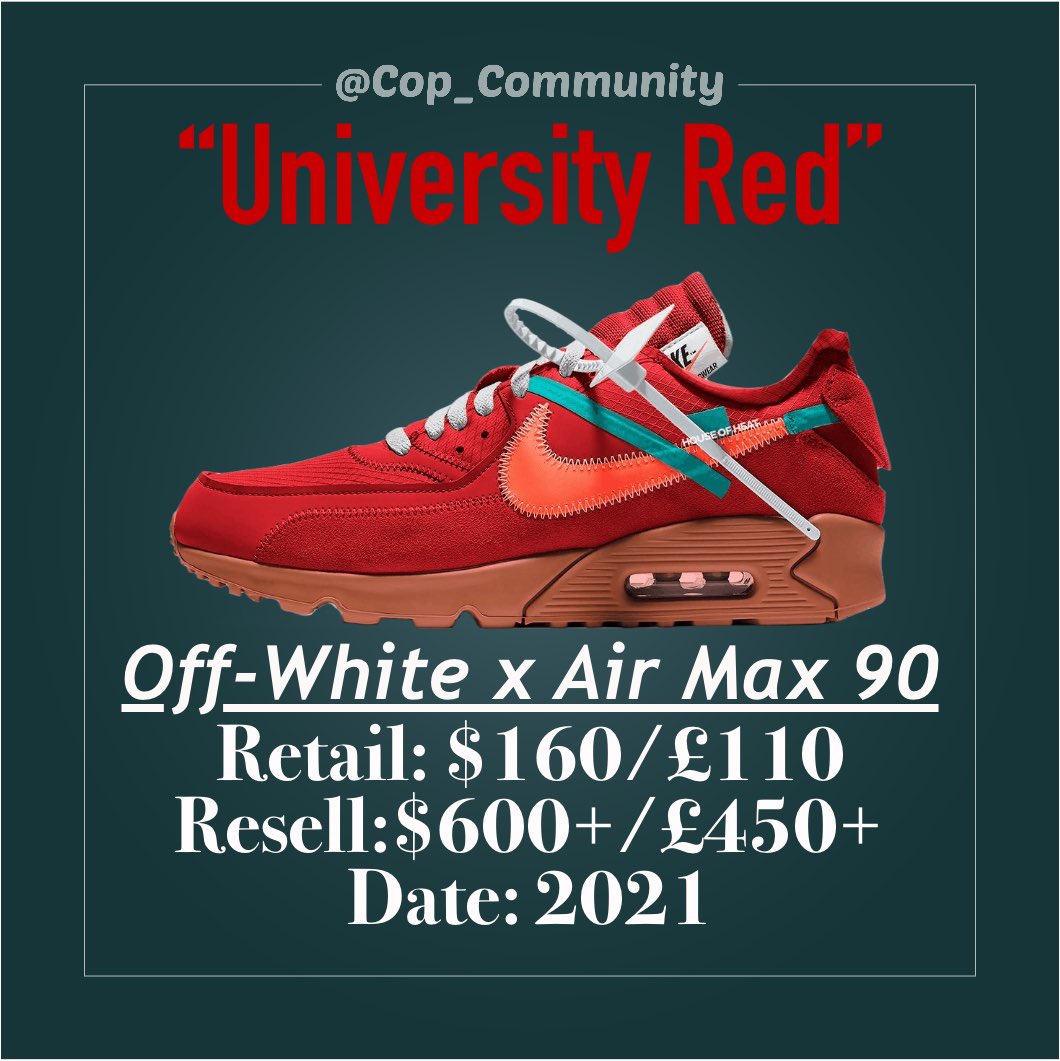 TheCopCommunity's tweet photo. The Off-White x Nike Air Max 90 “University Red” 🔥 This sneaker was rumoured to be dropping July 2021 💦 #SNKRS #nike #Nike #nikesacai #sacai #offwhite #adidasxIVYPARK #FolloMe #dunk https://t.co/umrS8KORyI