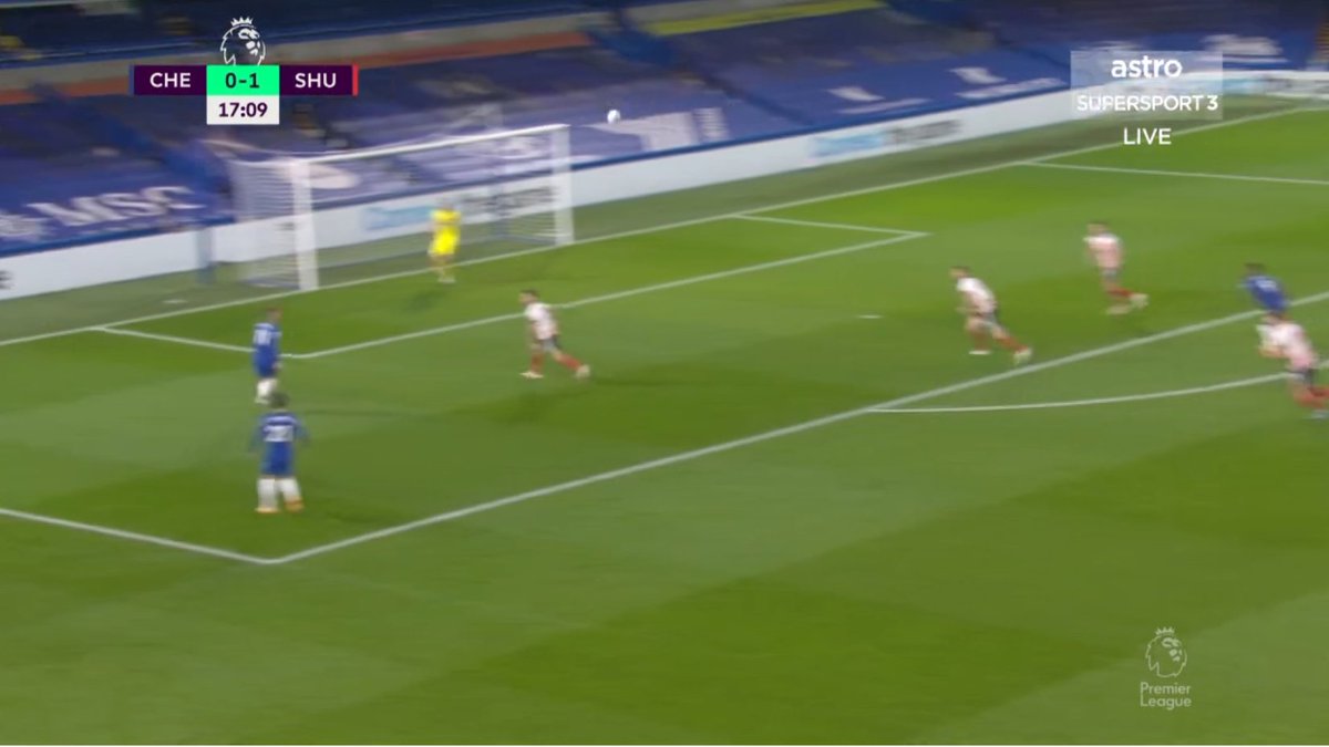 an example of that we see Ziyech attempting his trademark far post cross to Werner and we see Chilwell already just behind him(he is asked a lot to make those runs arriving at the back post by Lampard and the coaching staff)