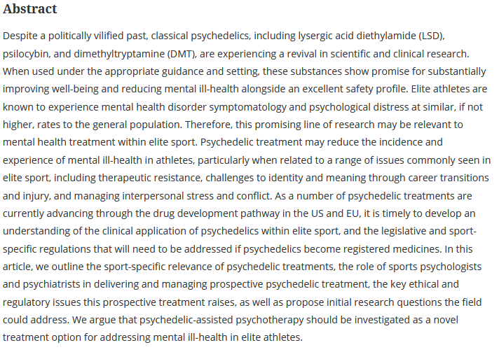 CC_Walton's tweet photo. 📣New Paper in @JAppSportPsych !📣

'Advancing Elite Athlete Mental Health Treatment with Psychedelic-Assisted Psychotherapy'

@PLiknaitzky &amp; I outline potential future uses and obstacles for #psychedelic assisted psychotherapy in elite sport.

https://t.co/MEwGmlHp37 https://t.co/KQE0602AGF