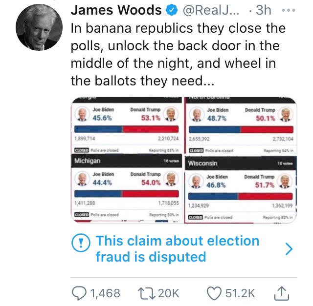 Clarkseid's tweet photo. @RealJamesWoods Can’t even talk about the obvious fraud without getting this crap underneath your tweets 😒 https://t.co/15y77dVjVS