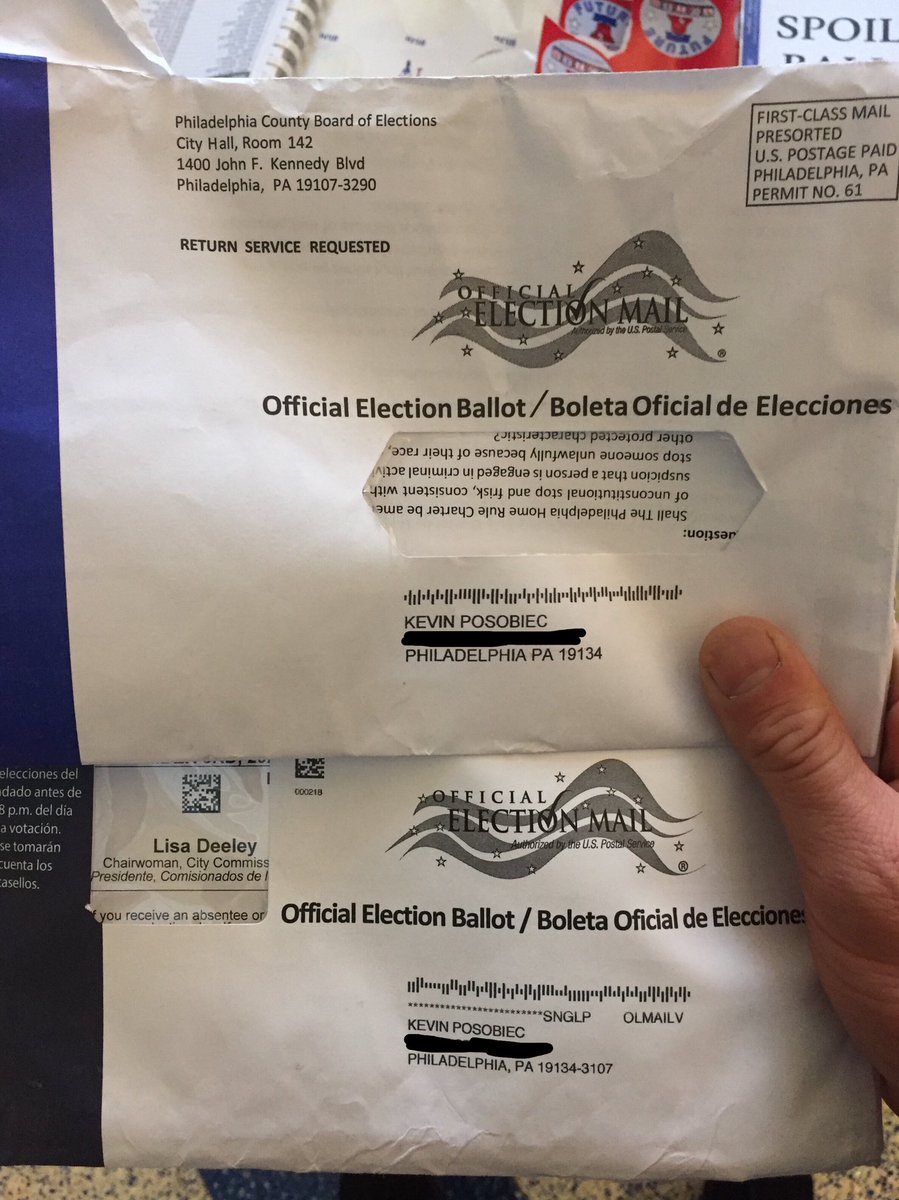 JackPosobiec's tweet photo. My brother was sent 2 absentee ballots in Philadelphia. He surrendered both and voted in person. https://t.co/r2NUW0tndv