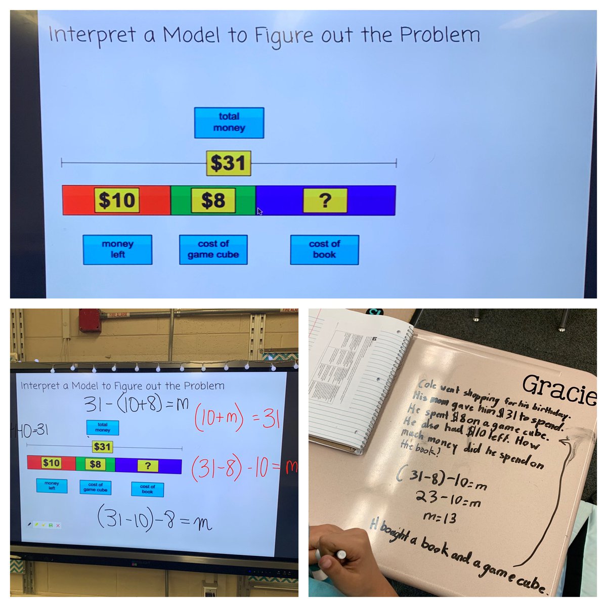 Instead of giving the kids a word problem and having them create a bar model; have them interpret a bar model and create their own word problem to match! I was able to write down several word problems to use for future homework or quizzes 😉 AND they were doing all the thinking!