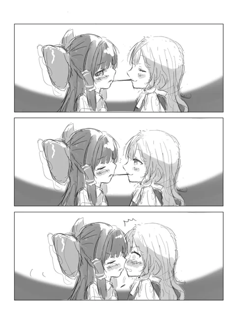 妄想落描き
ポッキーゲームでどうせ離すだろうと思っている魔理沙と満更でもない霊夢
#ポッキーの日 