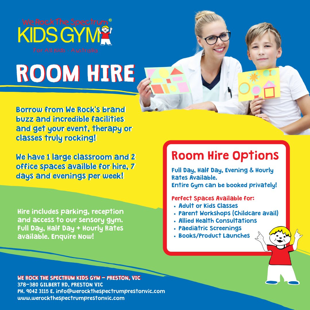 WRTSAustralia's tweet photo. Classrooms, Office Spaces available for hire 7 Days and Evenings per week!

We are on the search for Class Teachers, Therapists and Workshop Coords to use our terrific, sensory safe facilities to bring more fun and benefits to the community.

See flyer for more info. https://t.co/8y42q9hBAG