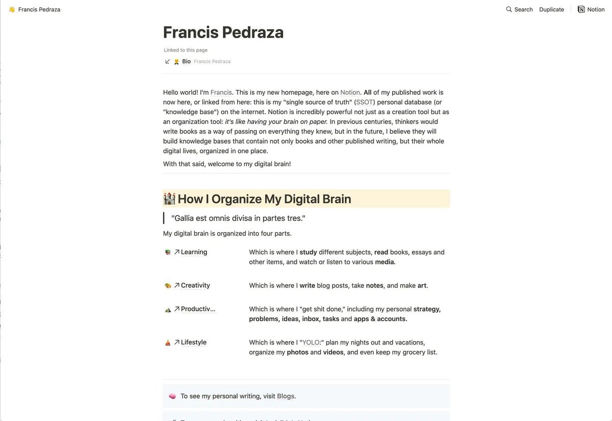 None of those require any re-formatting or editing. They just show up on my website, automagically.A completely different but relevant example is  @francispedraza personal Notion website. Francis is the CEO of venture-backed  @InvTechInc and an extraordinary reader.