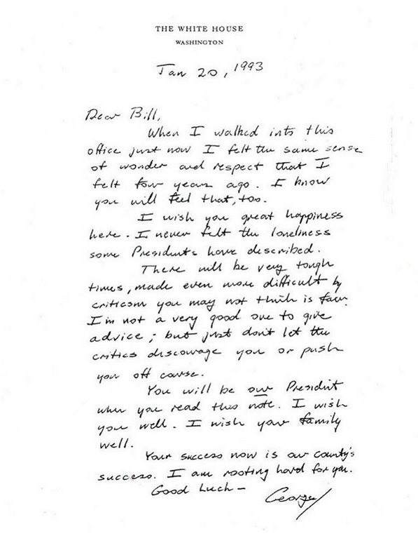 RiceFred3's tweet photo. This is what the last one term POTUS wrote to his successor.  Bush Sr was  a class act https://t.co/45qC6hB724