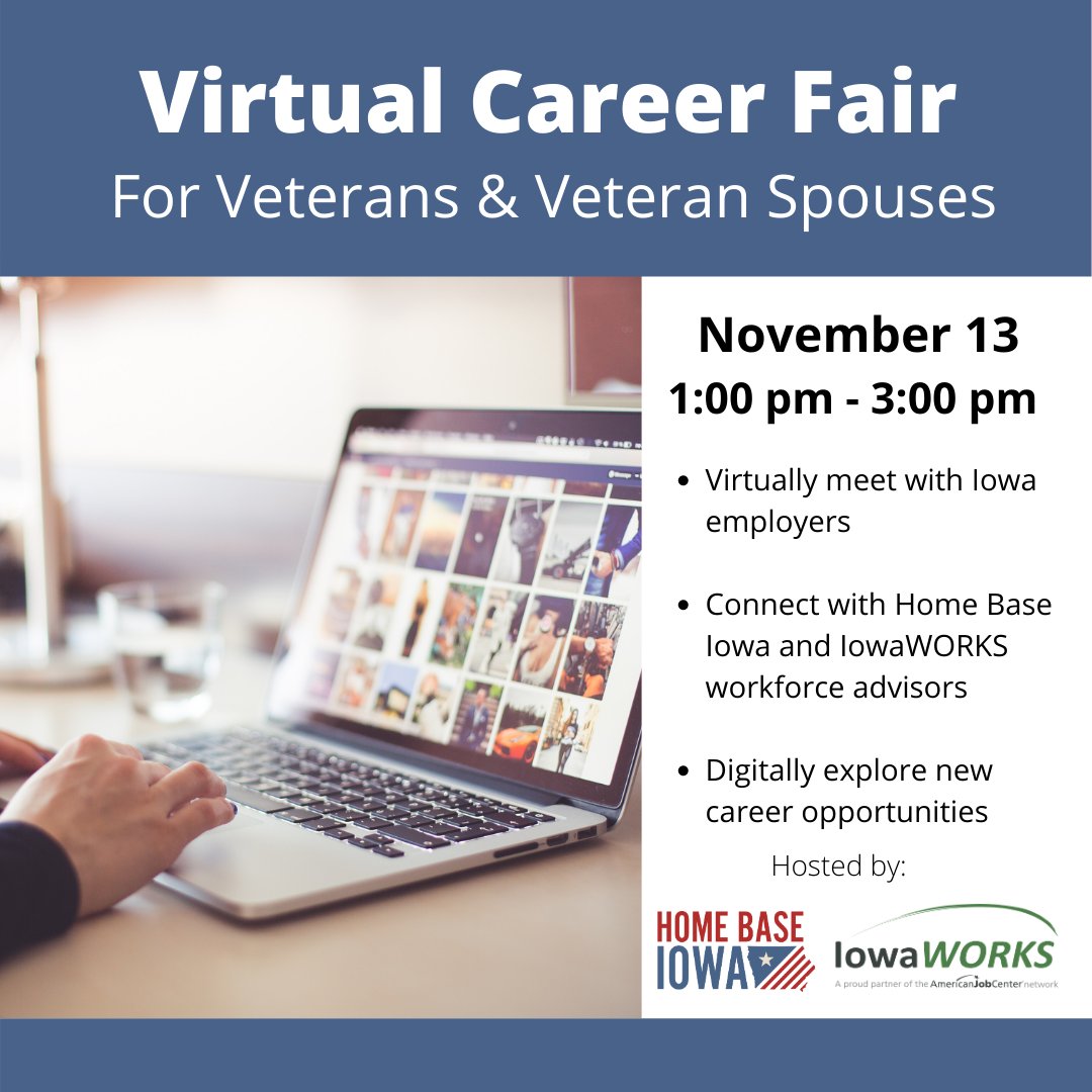 homebaseiowa's tweet photo. There is still time to sign up for the #VirtualCareerFair for #Veterans &amp; Veteran Spouses! 💻

- Explore new career opportunities
- Meet Virtually with #Iowa employers
- Connect with the HBI and @IowaWORKS team

Sign up here 👉 https://t.co/DLRQP6jxgb https://t.co/dM4Pj1Feov