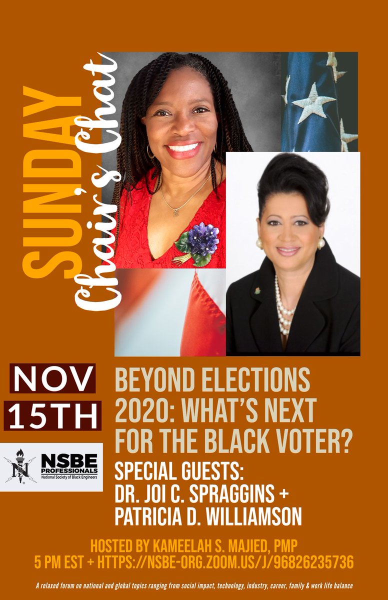 NSBEPros's tweet photo. NSBE Professionals presents: Sunday Chair's Chat hosted by NSBE Professionals Chair, Kameelah S. Majied, PMP. 

Tune in HERE: https://t.co/93F4aumoPg

#NSBEProfessionals #NSBE #ExcellenceInMembership #PEBConnectingMoments #LetsGetVirtual #SundayChairsChat https://t.co/PRu88jwK9B