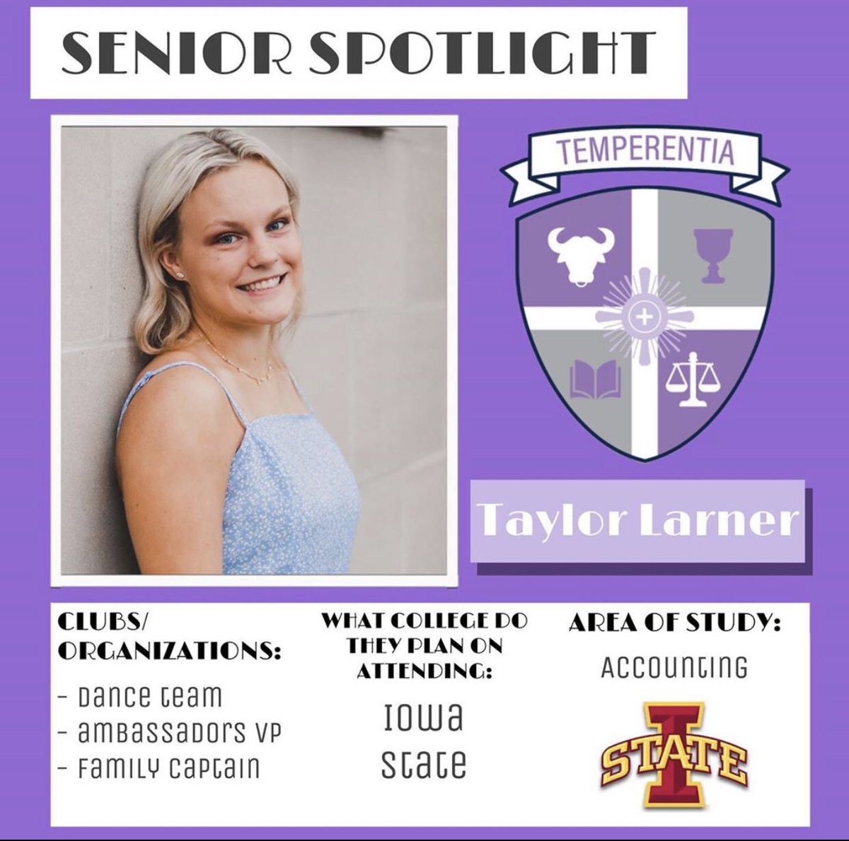 STemperentia's tweet photo. Our First Senior Spotlight Is Taylor Larner! Taylor is one of the Family Captains of Temperentia and she plans to attend Iowa State!!!💜🤍#TEMPTIME https://t.co/nHkAmBPHNF