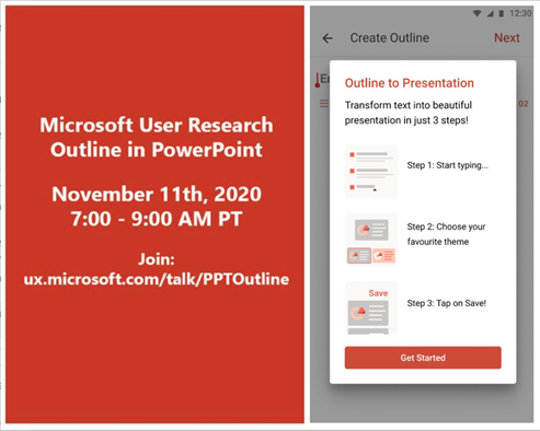 Msft365Insider's tweet photo. In 30 minutes, come join and participate in our user research session on Create Outline - a Microsoft Office feature that simplifies PowerPoint creations on Mobile. https://t.co/FU6FS0zfV1 https://t.co/6GgYu7Pk6q