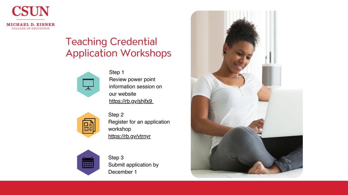 EisnerEducation's tweet photo. Need help with the CSUN teacher credential application? Attend an Application Workshop! #TeachingInspires #CSUNTeachingCredential https://t.co/3uD8D6v2rT