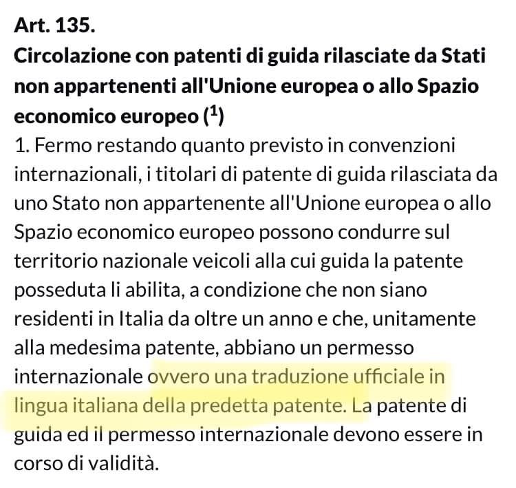 CARLITADP's tweet photo. Según el artículo 135 del CS la copia traducida de una licencia extranjera es válida para manejar en territorio Italiano. Inventar excusas para no entregar los vehículos es ROBO! #goldcarladrones https://t.co/P9BJHpi4SC