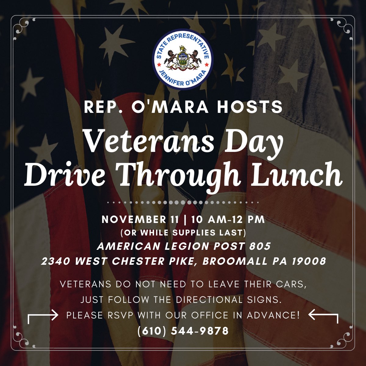 RadnorPD's tweet photo. State Representative Jennifer O’Mara is hosting a drive-thru Veteran’s Day Lunch this Wednesday. Today - and everyday - we salute their service. https://t.co/enpLTdpRzF