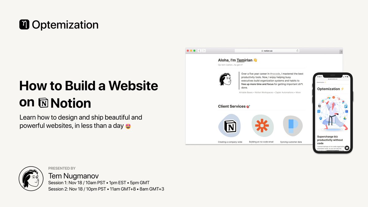 2) event: how to build a website on  @NotionHQ this stuff is really visual, so we thought it'd be super fun to host an event where we conceptualize, design, and ship a Notion website together live! Sign up here:  http://optemization.com/how-to-build-notion-website