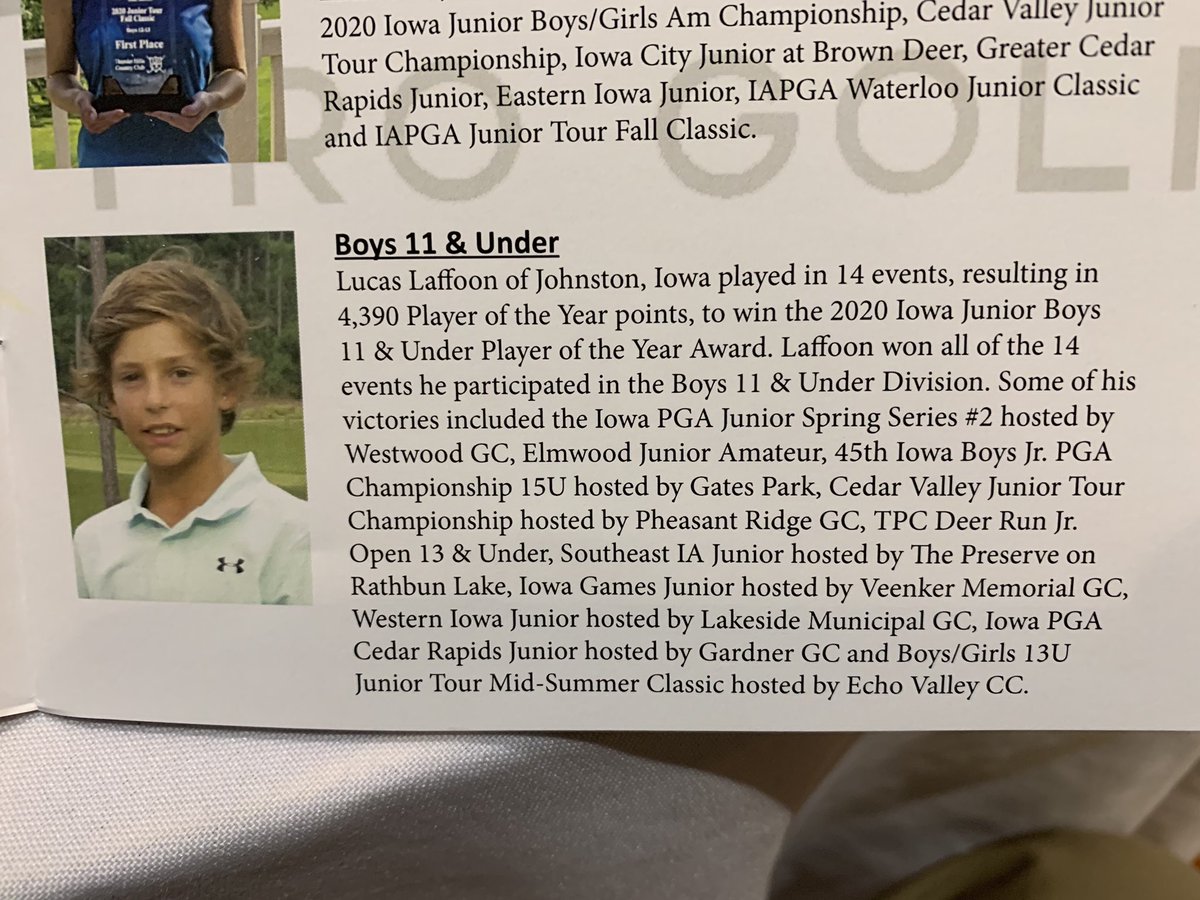 HFCGolfShop's tweet photo. Our staff had a great day at the Iowa PGA Awards Luncheon. Congrats to Sam Rice on receiving his class “A” plaque and a special congratulations to our very own Lucas Laffoon for winning the Boys 11 &amp; Under Player of the Year Award!🏆 https://t.co/ZO2fK2qS7v