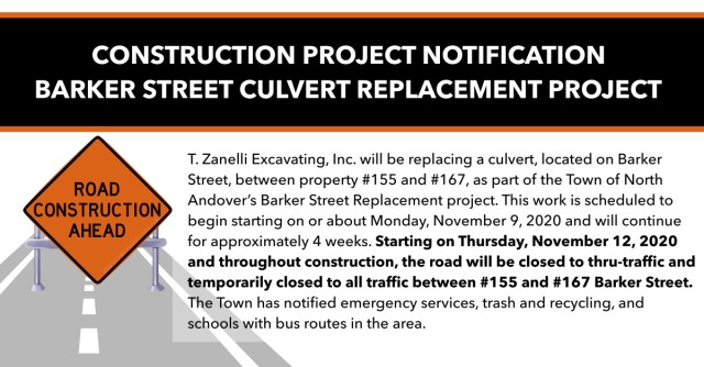 north_andover's tweet photo. #NAprojects CONSTRUCTION PROJECT NOTIFICATION – BARKER STREET CULVERT REPLACEMENT PROJECT https://t.co/2PUC7z0K8x https://t.co/56OkYrv3BO
