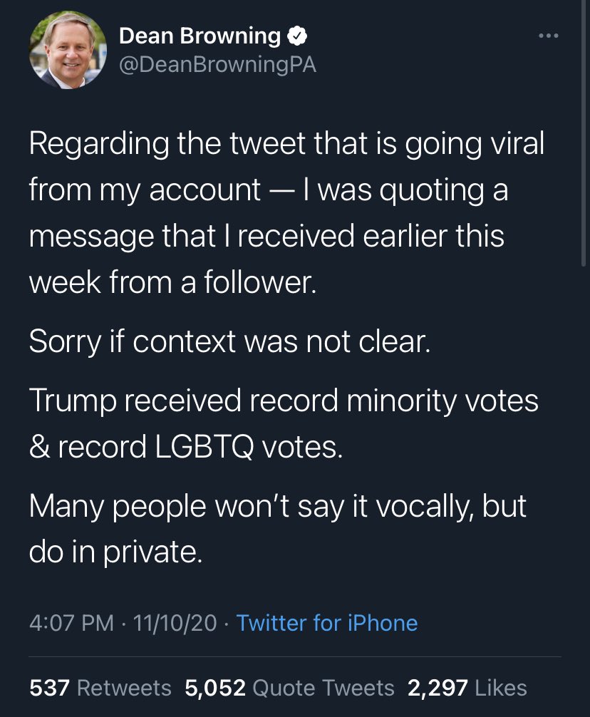 okay let me catch you up to speed. deanbrowningpa appears to have accidentally replied to someone from the wrong account, one where he pretends to be a gay black man. someone found the account danpurdy322 which frequently argues on dean’s behalf, as a gay black man