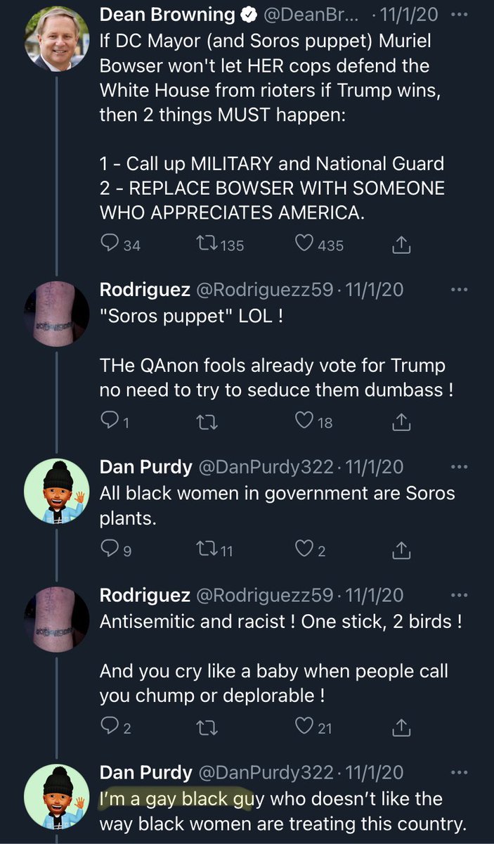 okay let me catch you up to speed. deanbrowningpa appears to have accidentally replied to someone from the wrong account, one where he pretends to be a gay black man. someone found the account danpurdy322 which frequently argues on dean’s behalf, as a gay black man