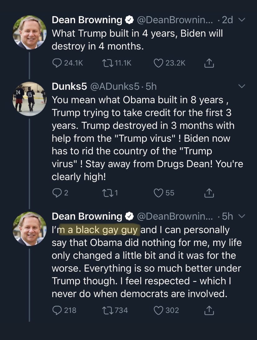 okay let me catch you up to speed. deanbrowningpa appears to have accidentally replied to someone from the wrong account, one where he pretends to be a gay black man. someone found the account danpurdy322 which frequently argues on dean’s behalf, as a gay black man