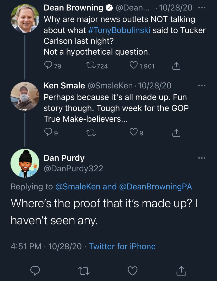 okay let me catch you up to speed. deanbrowningpa appears to have accidentally replied to someone from the wrong account, one where he pretends to be a gay black man. someone found the account danpurdy322 which frequently argues on dean’s behalf, as a gay black man