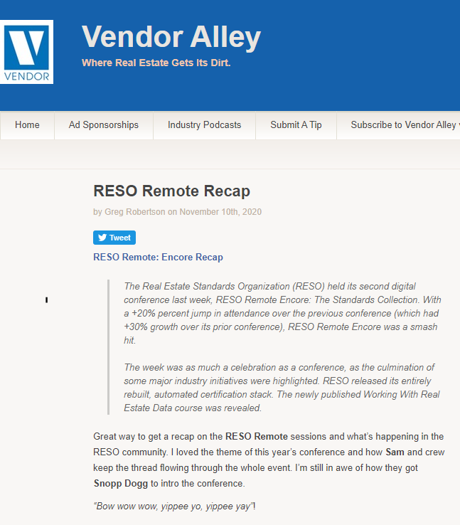 samdebord's tweet photo. Nice press on the #RESOremote recap this week from @nathan_brannen at @restb_ai and @gregrobertson at @VendorAlley. Check it out!
https://t.co/DXEtdVIeqn https://t.co/Yv0JgoP1eA