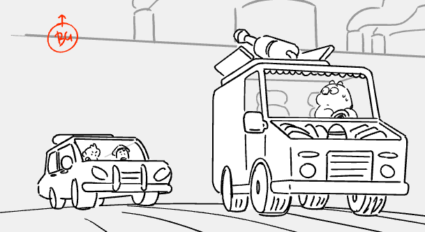 Some fun chase stuff I boarded and cleaned up for We Bare Bears movie... got better at drawing cars suddenly 