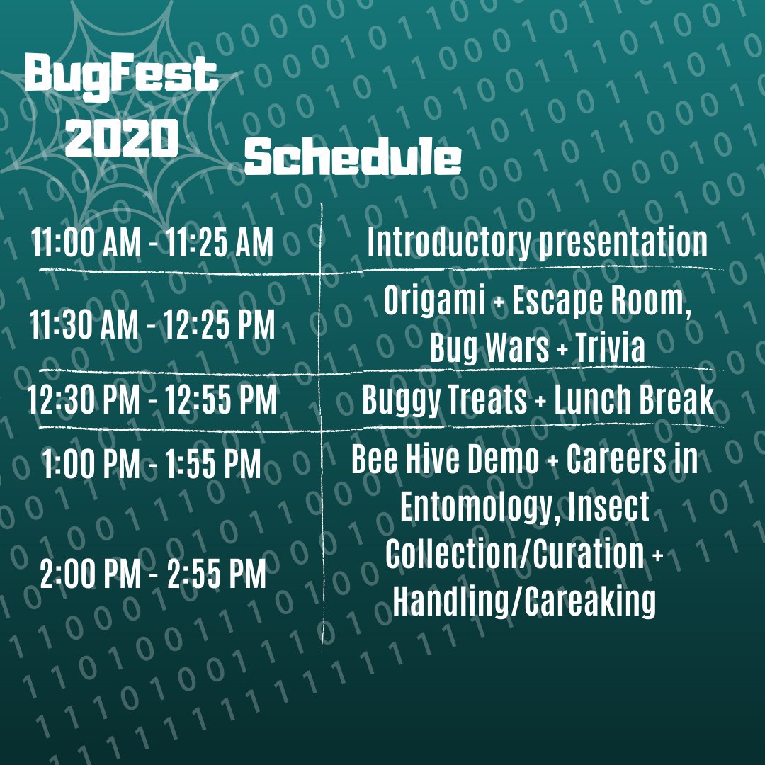 EntomologyClub's tweet photo. This year's BugFest schedule! Don't forget, it's this Saturday, November 14th!

Oh, and we have a QR code now

#UFBugs https://t.co/6W44E3ojz0
