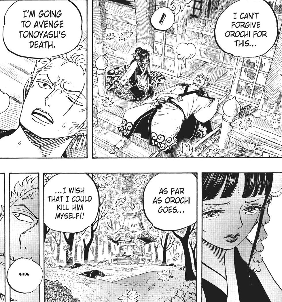 ...de ses mains.Autrement dit, Zoro n’a pas exprimé la volonté de sauver le pays en battant Kaido, contrairement aux FR et Luffy.De plus, n’étant pas originaire de Wano, il n’aura pas de rôle à jouer dans le futur du pays.