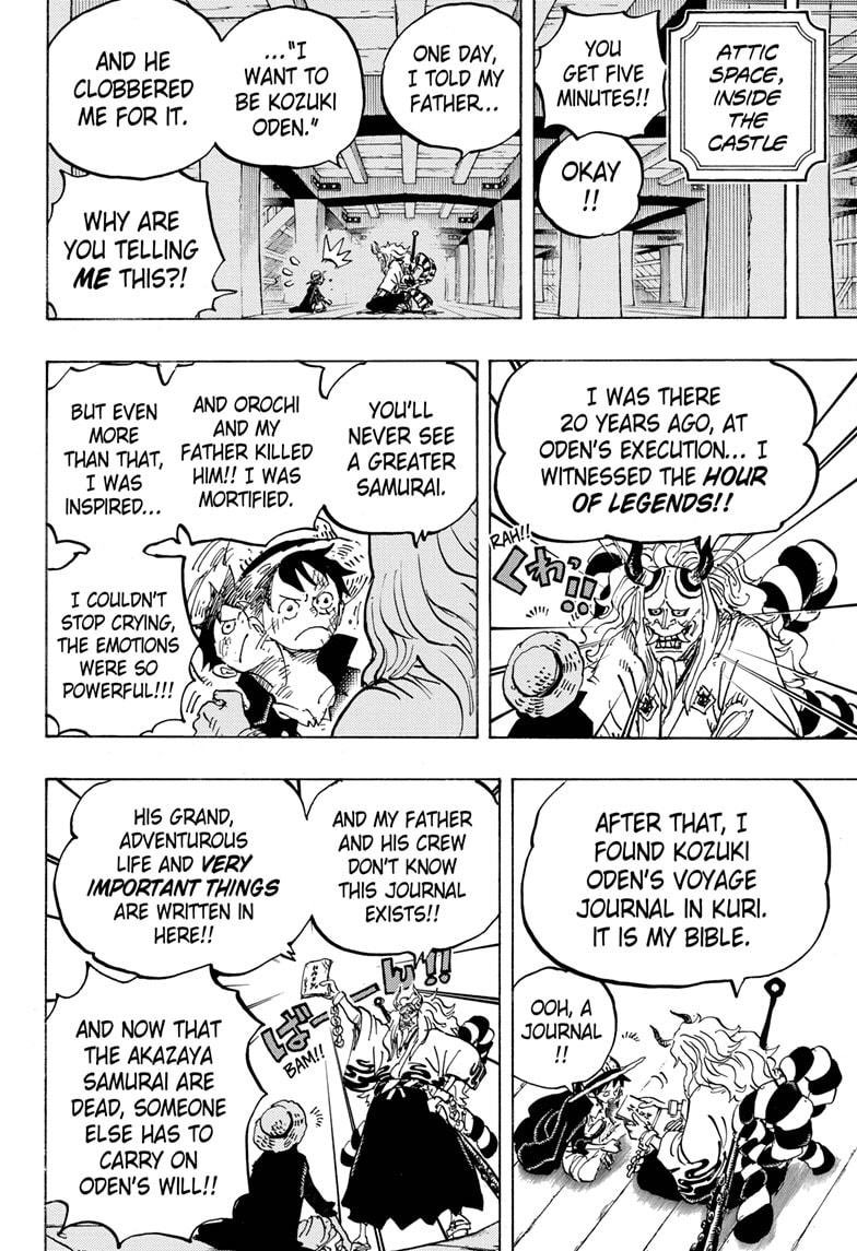 Il n’a donc aucunement la légitimité de combattre Kaido en tant qu’héritier d’Oden ou au nom du clan Kozuki contrairement à Luffy, aux FR ou même à Yamato (qui est bien plus lié à Oden et sa volonté d’ouvrir les frontières du pays que Zoro).