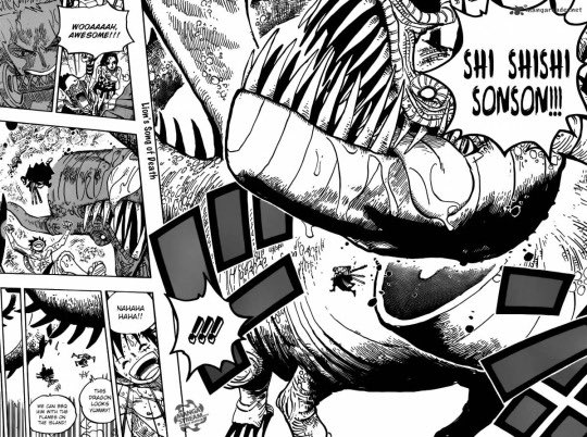 Pour finir avec cette 1ère partie, le parallèle avec Oden et Ryuma tranchant un dragon.Si Zoro devait respecter un quelconque parallèle avec ses prédécesseurs en tranchant un dragon, il l’a déjà fait en décapitant celui de Punk Hazard.