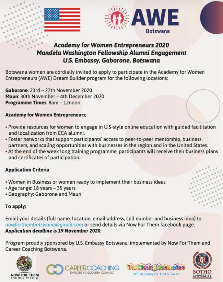 careercoachbw's tweet photo. Gaborone 🗣 Maun 🗣 are you ready?
Women in business or those with business ideas here is a cool training and coaching opportunity not to be missed. Apply now and join #AWEBotswana cohort. #AcademyForWomenEntrepreneurs proudly supported by @USEmbassyBW #WomenEntrepreneurs https://t.co/NTfdI3MC9k