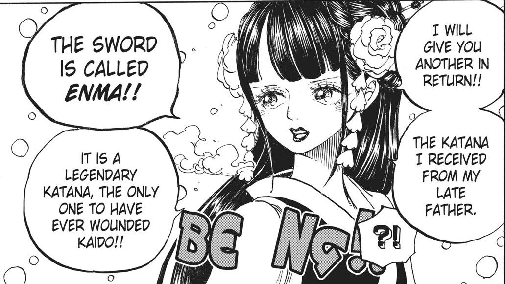 Tout d’abord sa récupération d’Enma, qui a été teasée comme étant la seule lame ayant blessée Kaido, qui ferait donc de lui un perso capable de blesser Kaido.À ça j’ai envie de répondre une chose: BULLSHIT.