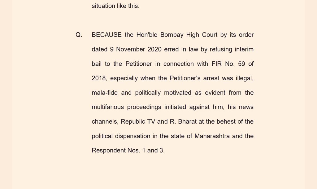 The plea by Goswami in SC states that his arrest was "illegal, mala-fide and politically motivated as evident from the multifarious proceedings initiated against him, his news channels,  @republic and  @RepublicBhartat the behest of the political dispensation."