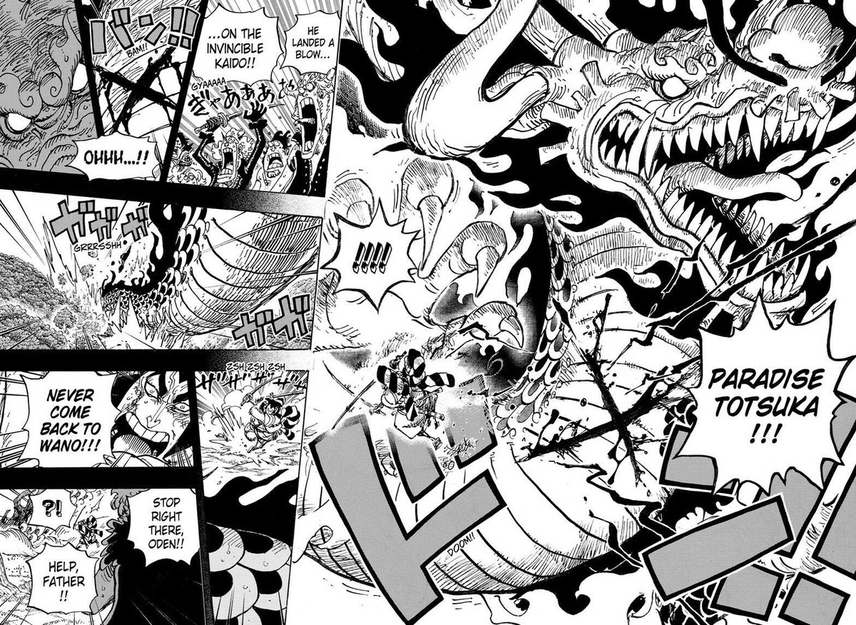 Puis ça voudrait dire que selon vous, durant Wano, Zoro donnerait un coup si puissant à Kaido (donc plus puissant qu’une attaque commune de 4 FR) que ce dernier dirait qu’il a surpassé Oden (qui matchait avec les plus puissants pirates au monde)?