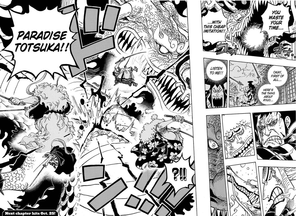 Puis ça voudrait dire que selon vous, durant Wano, Zoro donnerait un coup si puissant à Kaido (donc plus puissant qu’une attaque commune de 4 FR) que ce dernier dirait qu’il a surpassé Oden (qui matchait avec les plus puissants pirates au monde)?