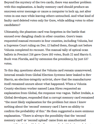 3/ Republicans didn’t give a sh#t that 16k votes were inexplicably deleted from Al Gore’s vote total in Volusia County, FL in 2000 & that the explanation made no sense.  https://www.nytimes.com/2018/09/26/magazine/election-security-crisis-midterms.html