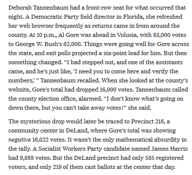 3/ Republicans didn’t give a sh#t that 16k votes were inexplicably deleted from Al Gore’s vote total in Volusia County, FL in 2000 & that the explanation made no sense.  https://www.nytimes.com/2018/09/26/magazine/election-security-crisis-midterms.html