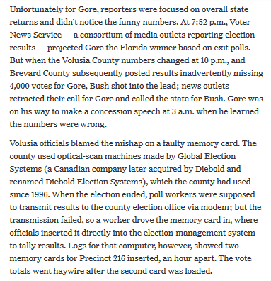 3/ Republicans didn’t give a sh#t that 16k votes were inexplicably deleted from Al Gore’s vote total in Volusia County, FL in 2000 & that the explanation made no sense.  https://www.nytimes.com/2018/09/26/magazine/election-security-crisis-midterms.html