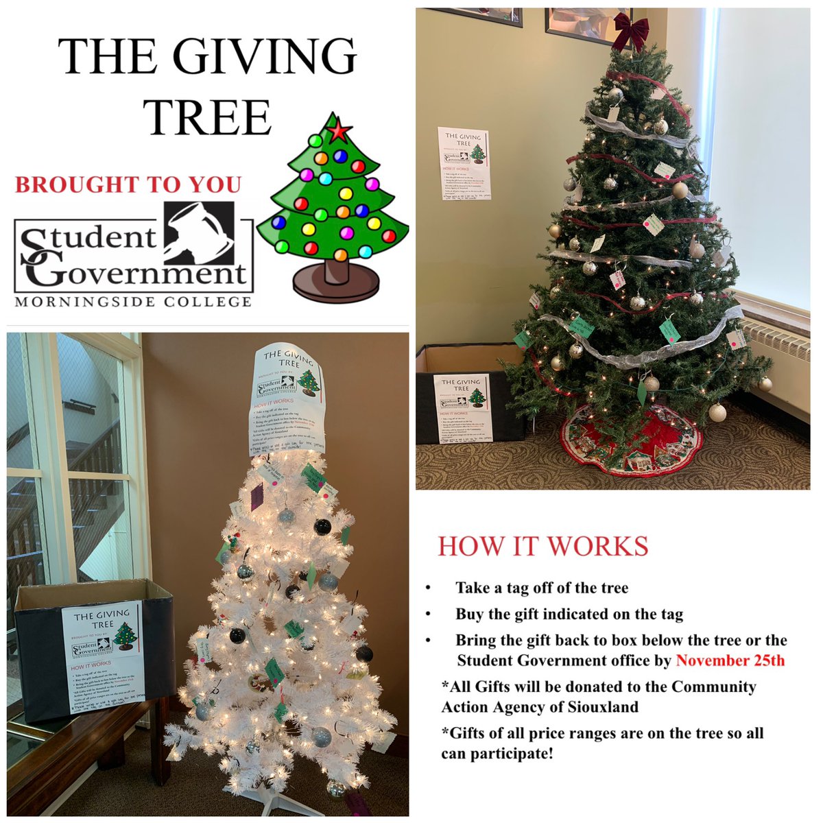 MorningsideSG's tweet photo. Morningside Student Government presents: The Giving Tree!! Located in the lobby of Lewis Hall and Olsen Student Center, there are gifts of all price ranges so go pick out your tag today!🎁 (Gifts donated to the Community Agency if Siouxland) #msideexperience #msidesg https://t.co/VxJ0BGKg8C