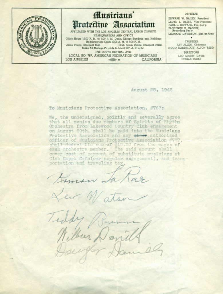 1920. An all black union was created to protect artists from those refusing to pay for performance, radios & studios that catered to the all white union, Local 47. So when a black star get a call, it was the Musician Protective Association Local 767 making sure they EAT!