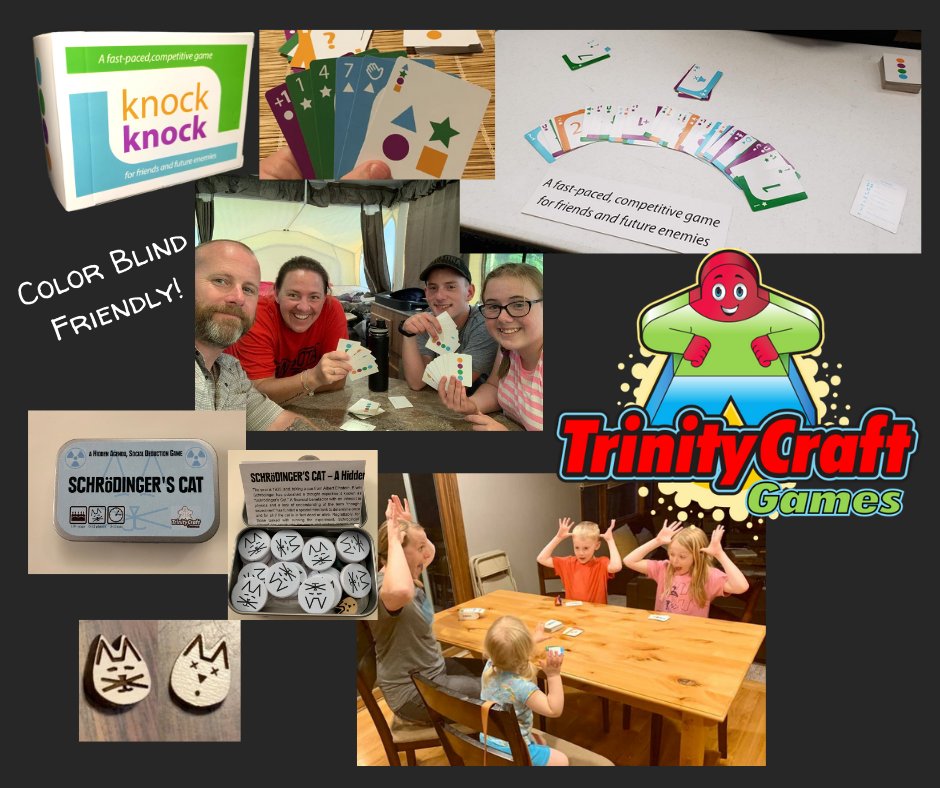 TrinityCraftGms's tweet photo. Trinity Craft Games makes fast-paced, competitive games for friends and future enemies! 
https://t.co/SAqkHbUYjW
#knockknockcardgame
#schrodingerscatgame
#gamenight https://t.co/X0Q04gZ5th