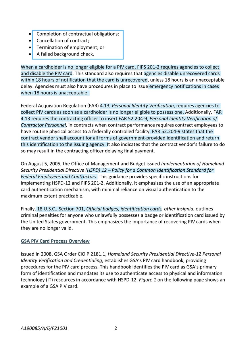 So  @GSAEmily you get these are laws?“cardholder is no longer eligible for a PIV card, FIPS 201-2 requires agencies to collect & disable the PIV card. This standard also requires that agencies disable unrecovered cards within 18 hours of notification that the card is unrecovered“