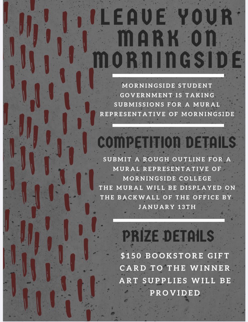 MorningsideSG's tweet photo. Please enter for a chance to win a book store girt card and for your art to be displayed on the back wall of The Student Government Office for years to come! The mural must be representative of Morningside College and will be voted on by the Senate! #msideexperience #msidesg https://t.co/cRsWXoTCb4
