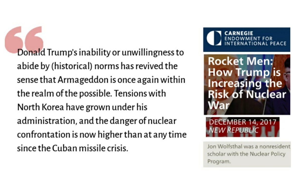 ❿ Rocket Men: How Trump is increasing the risk of nuclear war https://carnegieendowment.org/2017/12/14/rocket-men-how-trump-is-increasing-risk-of-nuclear-war-pub-75025⭛⭛⭛