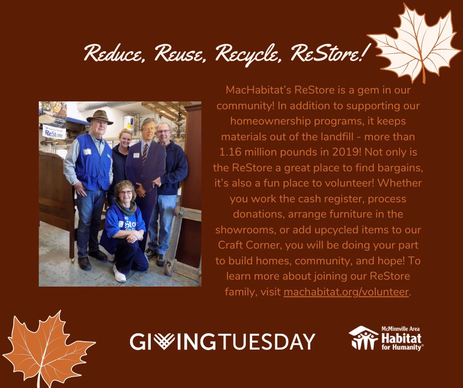Reduce, Reuse, Recycle, ReStore! machabitat.org/volunteer #MacHabitat #HabitatForHumanity #GivingTuesday