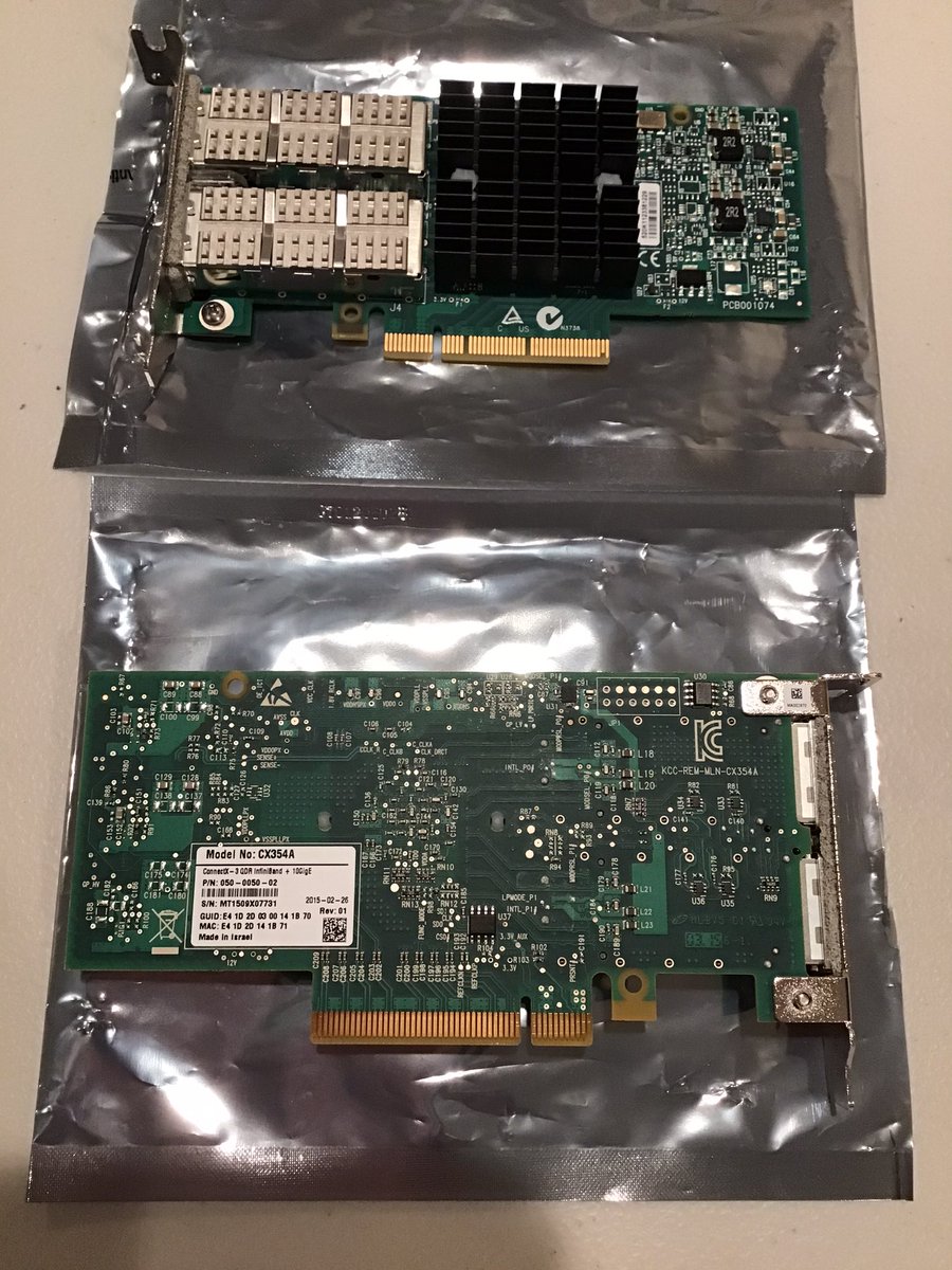 kazmuzik's tweet image. 昨日、eBayショップから、MCX354A-FCBTが2枚届いた。今までの3枚はHP 649281-B21だったので、Mellanox製は初めて…と思ったら、FCBT(IB FDN/EN 40GbE)ではなく、QCBT(IB QDR/EN 10GbE)⁉️ まずはeBayショップに連絡…